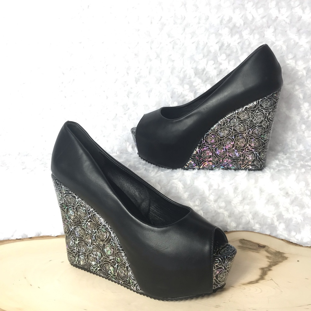 Black Rose Party Peep Toe Platform Wedge Heels
